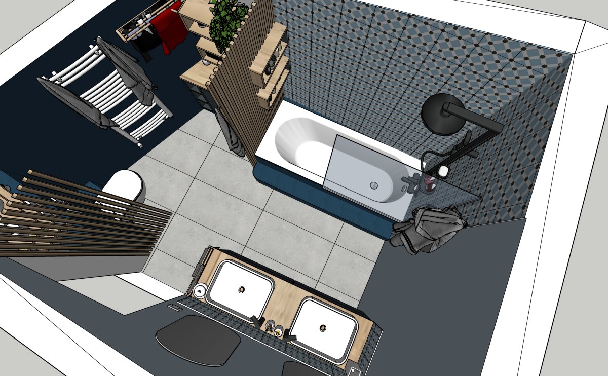 modélisation salle de bain vue du dessus du nouvel agencement